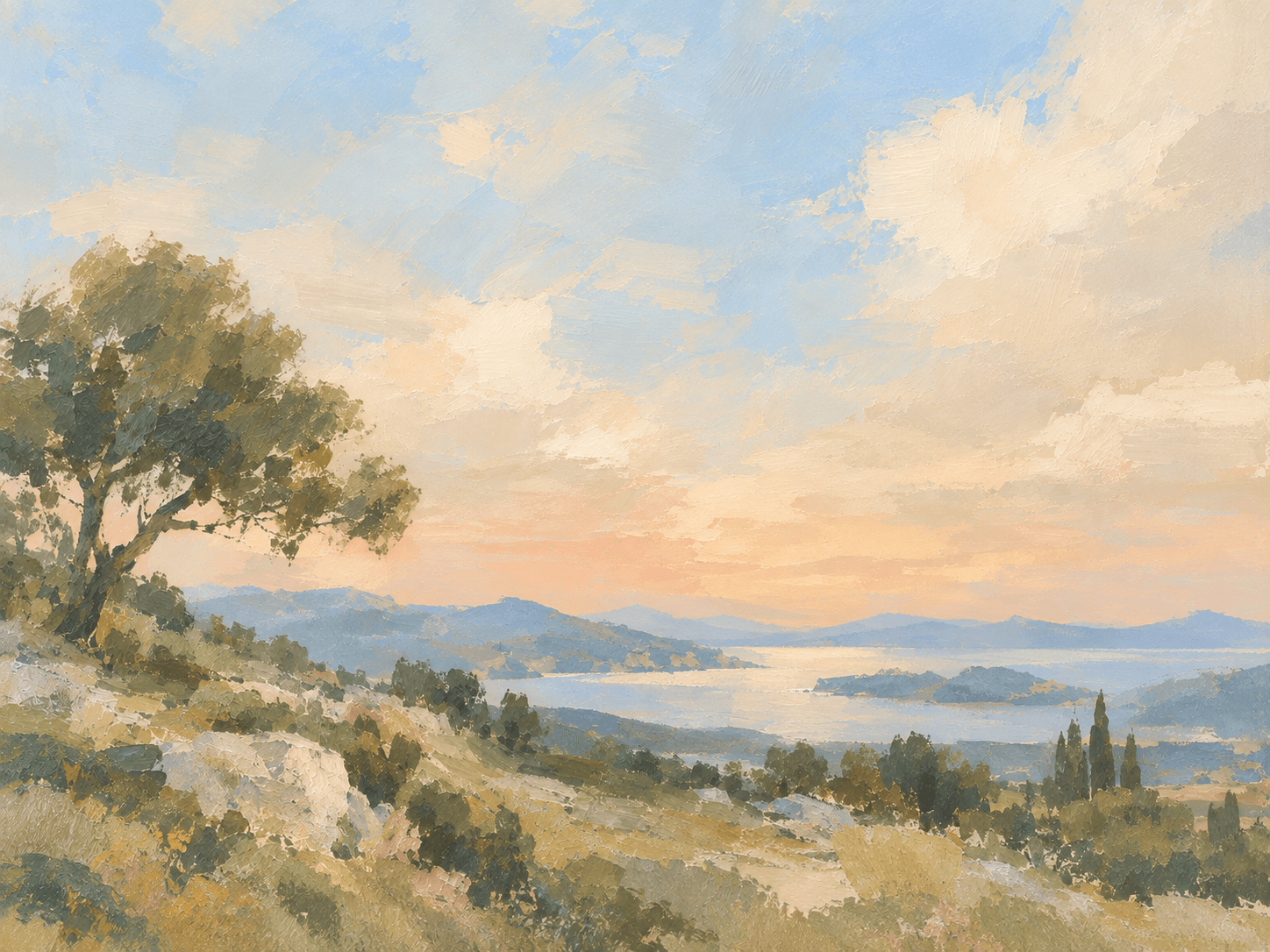 Oil painting of a tree overlooking a coastal landscape