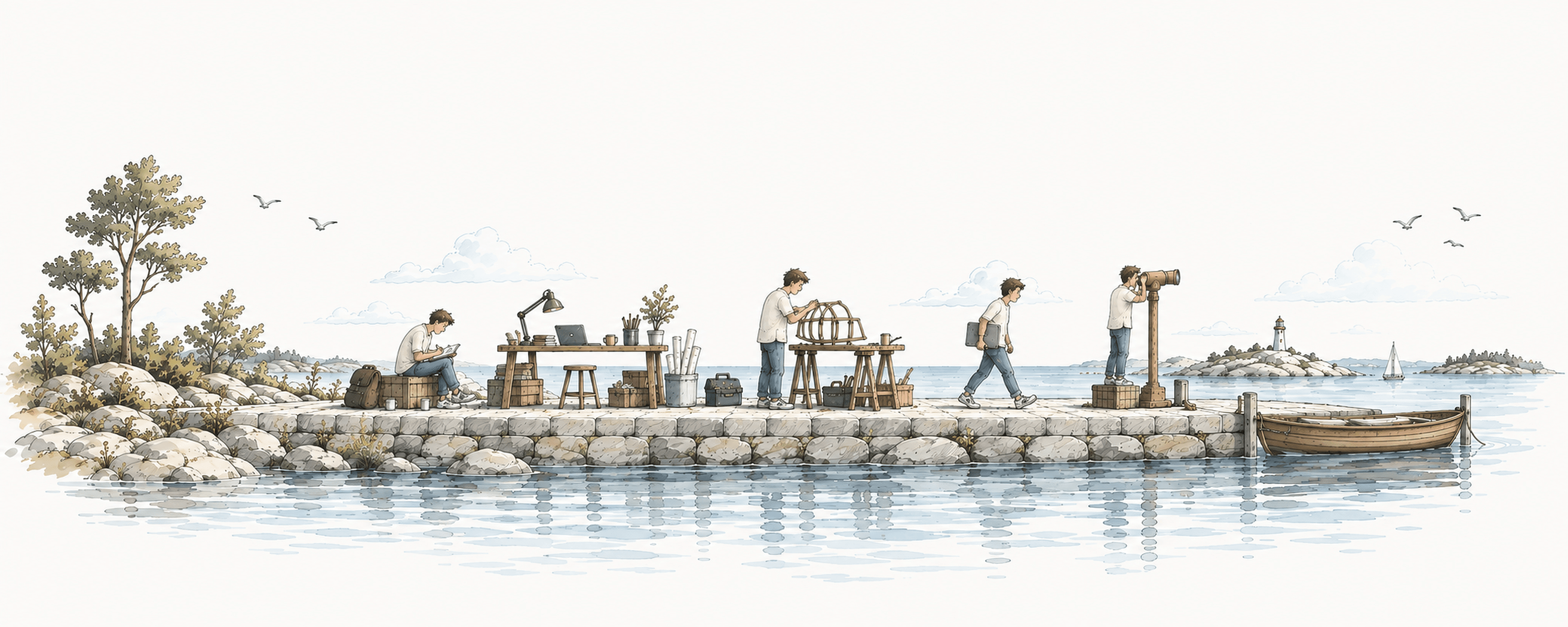 Watercolor of a designer sketching, building, and looking out from a stone pier by the water